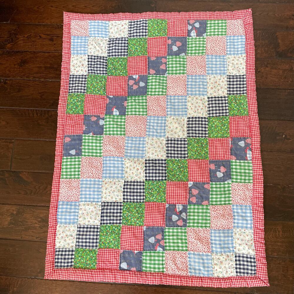 Handmade Patchwork Baby Quilt Block Vintage Hand Sewn Mushroom Gingham Unisex